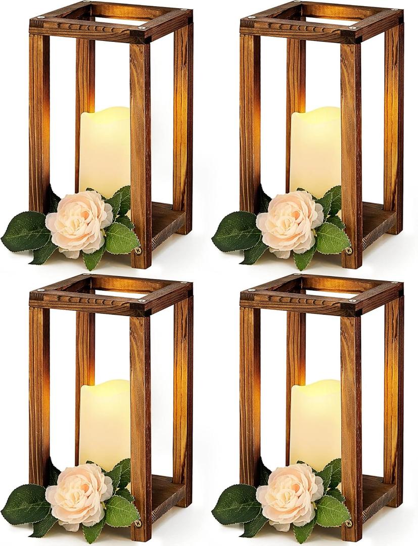 Huquary 8 Pcs Wooden Wedding Lantern Centerpiece for Table Decoration Includes 4 Farmhouse Candle Holder and 4 Flameless Decorative LED Candles for Rustic Home Wedding Decor(Dark Brown)