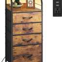 WLIVE 4 Drawer Dresser for Bedroom, 37" H Nightstand with Charging Station and Led Light, Tall Night Stand Bed Side Table, End Table with USB Ports and Outlets, Fabric Bins, Wood Shelf, Rustic Brown