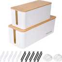 2 Pack Cable Management Box  Child and Pet-Proof Cord Organizer with Bamboo-Style Design, Large Capacity Cable Cover for Hiding TV Wires, Computer Cables, Power Strips,and USB Hubs, White