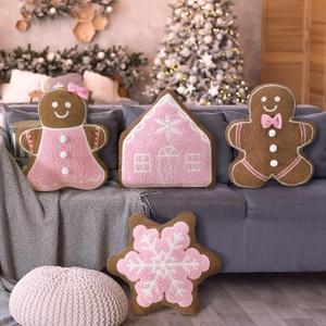 HunnmingRe 4 Pcs Christmas Throw Pillows Fall Football Plush Pillows Winter Holiday Cushion Soft Decorative Cushions for Couch Bedroom Living Room Thanksgiving Xmas Decor(Pink,Gingerbread)