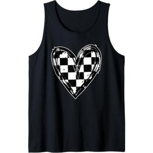Race Car Checker Flag Racing Heart Auto Racer Tank Top (Black, M)
