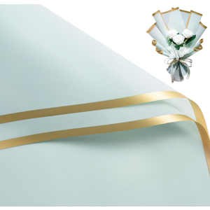 WRAPAHOLIC 20 Sheets Flower Wrapping Paper - 22.4 x 22.4 inch Gold Trim Light Blue Water-Resistant Floral Bouquet Wrapping Paper, Florist Supplies Packaging Paper for Wedding Birthday Gift DIY