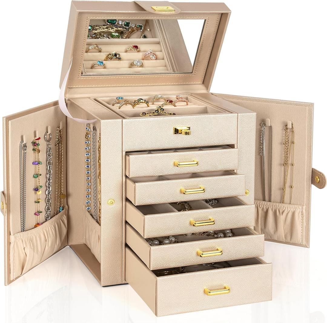 AKOZLIN 6-Tier Jewelry Box Organizer Functional Leather Jewelry Storage Case for Women Girls Ring Necklace Earring Bracelet Holder Organizer with Mirror Champagne, Regular