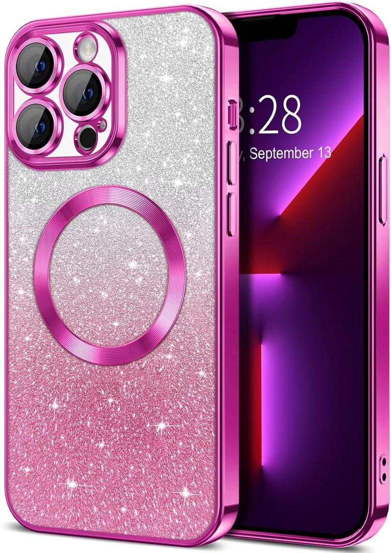 Hython for iPhone 13 Pro Case Clear Magnetic Glitter Phone Cases [Compatible with MagSafe] Full Camera Lens Protector Slim Gradient Sparkle Luxury Plating Shockproof Protective Cover Women, Hot Pink