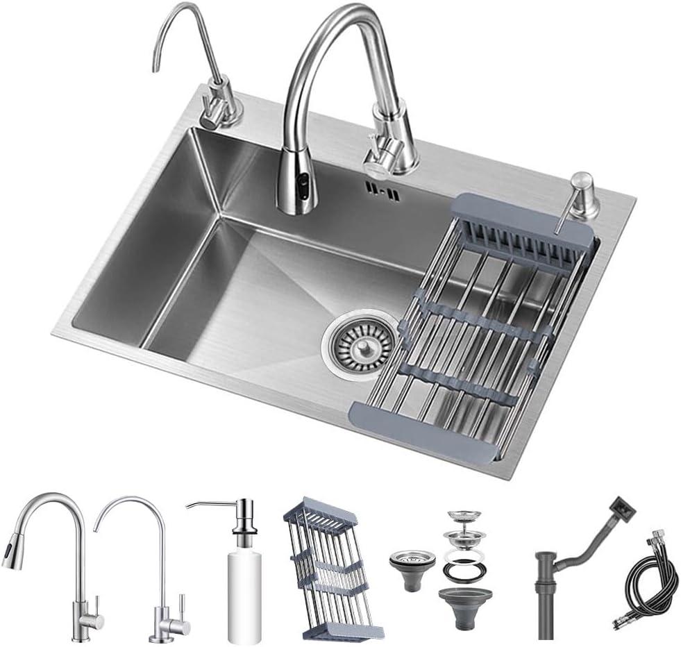 23.6 * 17.7in Drop In Kitchen Sink,Silver Gray Stainless Steel Single Bowl Sink,Topmount Workstation Sink With Pull Out Faucet,Soap Dispenser And Drain Basket