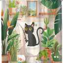 Funny Cat Shower Curtain 60Wx72H Kids Black Cat Cute Cartoon Animal Pet Kitten Tropical Plant Hilarious Fun Green Leaves Cactus Bathroom Decor Bath Curtain Fabric Polyester 12 Pack Hooks
