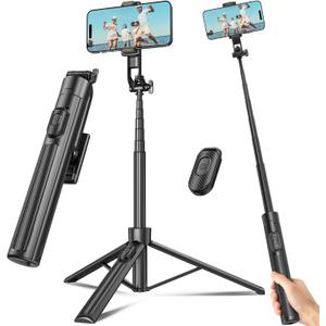 Selfie Stick Travel Tripod for Cell Phone with Remote Control and Phone Holder, Extendable Selfie Stick for iPhone, iPhone Tripod for Video Recording, 63 Inch, Black