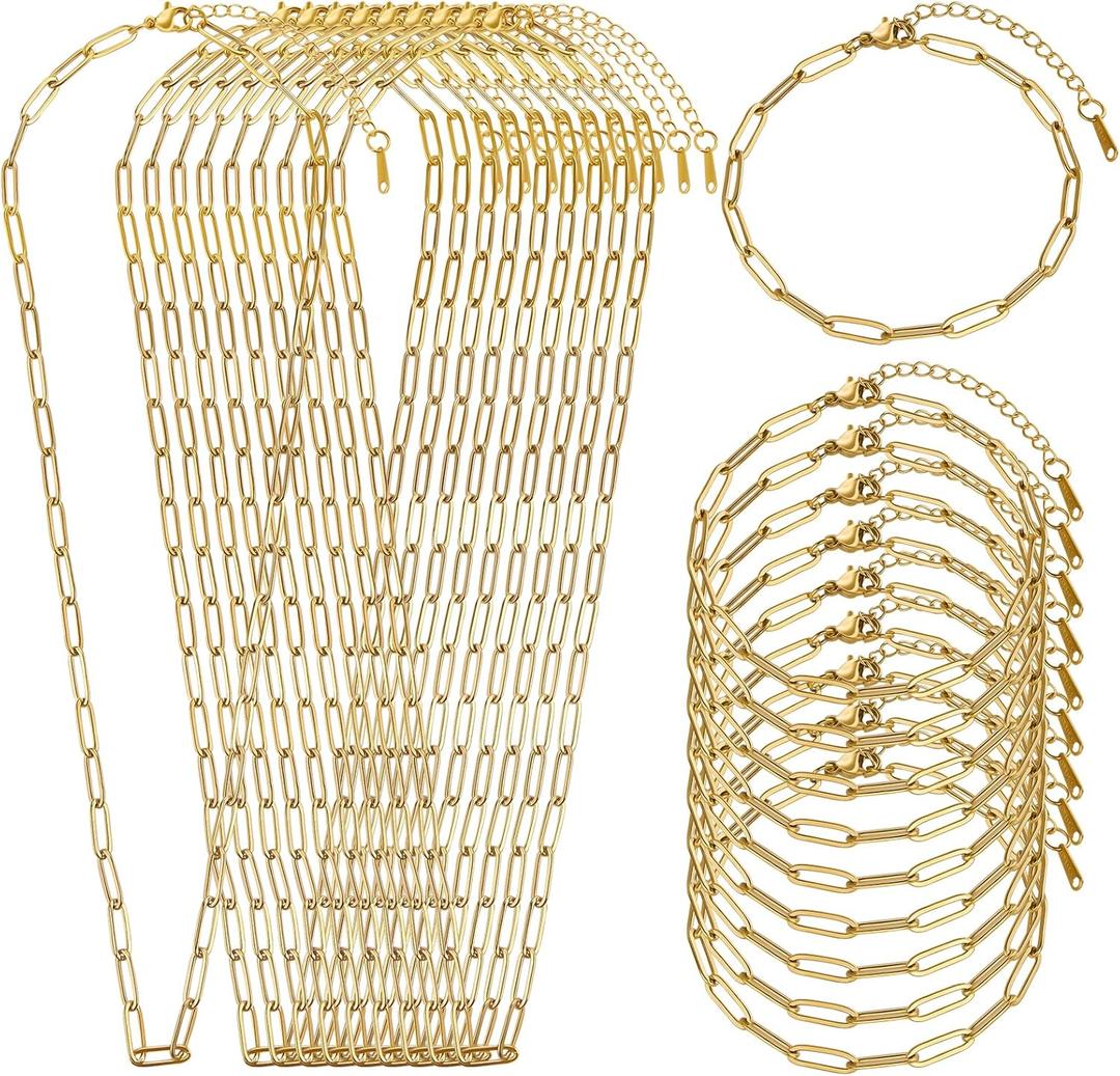 SMYHTGLIF 20 Pack Paperclip Chain Bulk Necklace Bracelet for Jewelry Making 4mm Gold Plated Stainless Steel Necklace Bracelet for Women