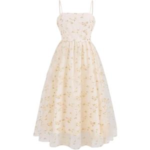 Girls' Floral Embroidery Mesh Midi Dresses Elegant Flowy Summer A Line Cami Dress (Yellow, 11Y)