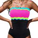 popvil One Piece Swimsuits for Women Tummy Control Strapless Bathing Suits Neon bandeau swimwear, Removable straps, Color block, Moderate bottom coverage, Beach, Pool, Cruise and vacation, M
