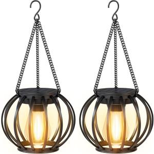 Solar Lanterns Outdoor Waterproof: 2 Pack Metal Hanging Decorative Solar Lights for Pathway Patio Garden Yard - Warm White LED Lighting with Auto On/Off - Perfect Gardening Gifts for Women Mom