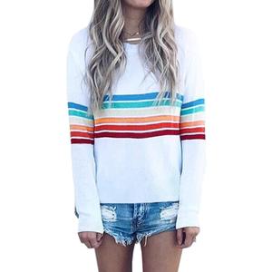 ECOWISH Women's Sweater Rainbow Colorful Striped Sweaters Long Sleeve Crew Neck Color Block Casual Pullover Blouse Tops (Large, 01 White)
