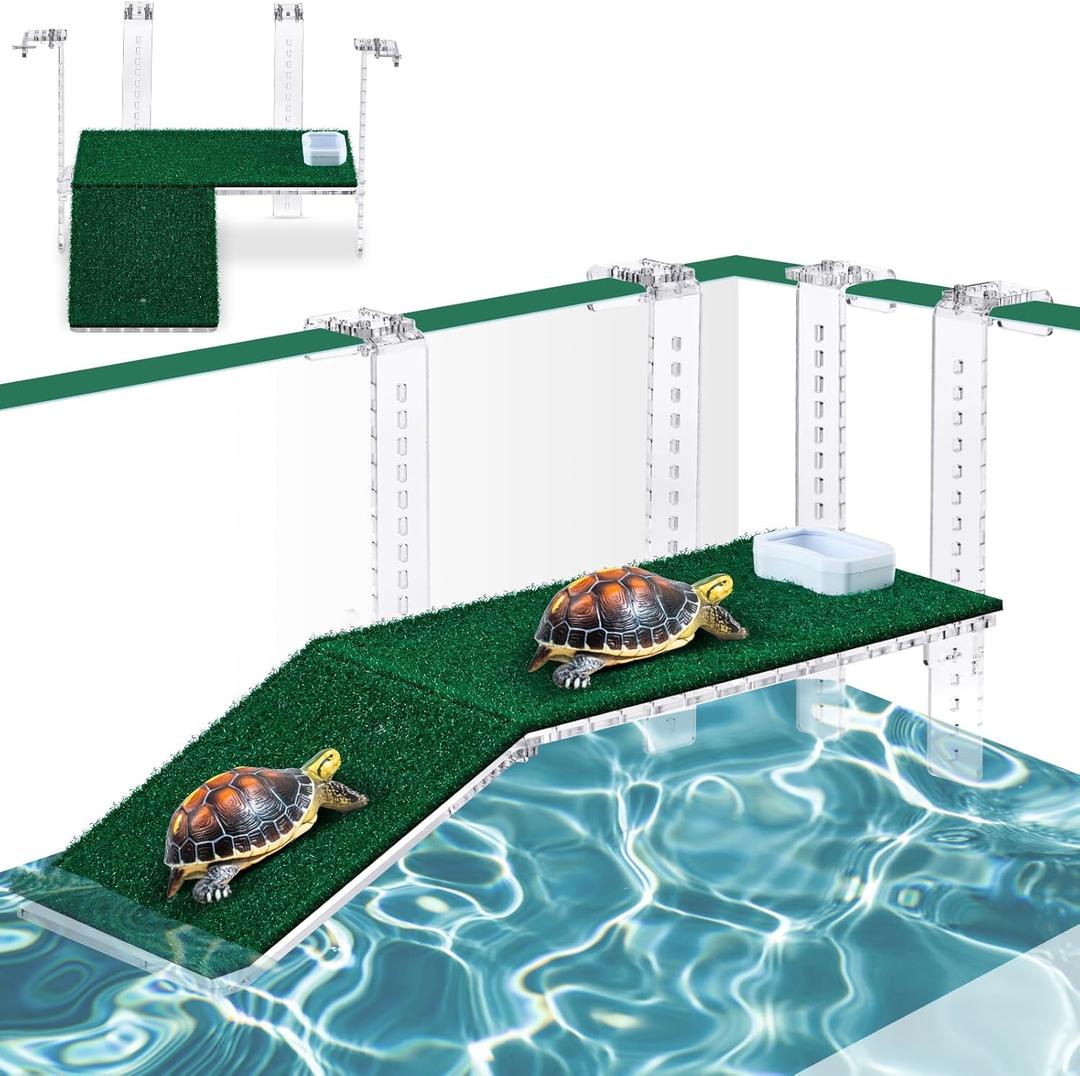 Adjustable Hanging Turtle Basking Platform with Artificial Grass 13 x 6.9 Inch Sturdy Acrylic Aquatic Reptile Ramp Dock Fits 0.3"-2" Thick Tank Salamander Frog Turtle Tank Accessories
