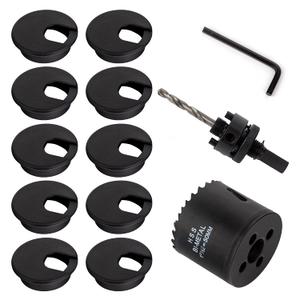 10 PCS 2 inch Desk Wire Cord Cable Grommets Hole Cover with Hole Saw Kit High Speed Bi-Metal Holesaw Drill Bits for Office PC Desk Cable Cord Organizer (Black)