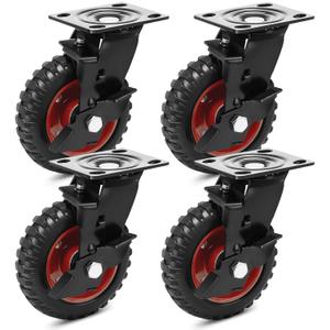 6 Inch Outdoor Heavy Duty Casters Wheels Set of 4, Sturdy Large Rubber Casters with Brake 1800 LBS, Industrial Grade Plate Swivel Castors with Knobby Tread for Dollies, Cart, Machine