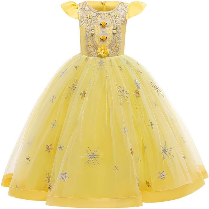 Flower Girls Maxi Dress Bridesmaid Wedding Pageant Party Princess Communion Floral Boho Vintage Lace Dance Gown (9-10 Years, Yellow-02)