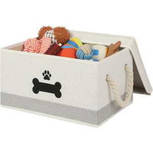Dog Toy Basket with Lid, Dog Basket for Toys, Dogs Toy Box with Cotton Rope Handles, Collapsible Storage Bins for Pet Toys, Dogs Storage Organizer, Beige&Gray