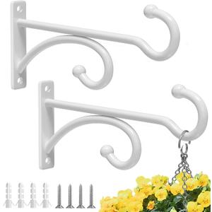 pickpiff 6-Inch Planter Hooks for Hanging Plants - Plant Hanger Hook Indoor Outdoor, Plant Wall Hooks, Brackets for Hanging Plants, Baskets, Wind Chime, Bird Feeder, Bird House (White, Metal, 2 Pack)
