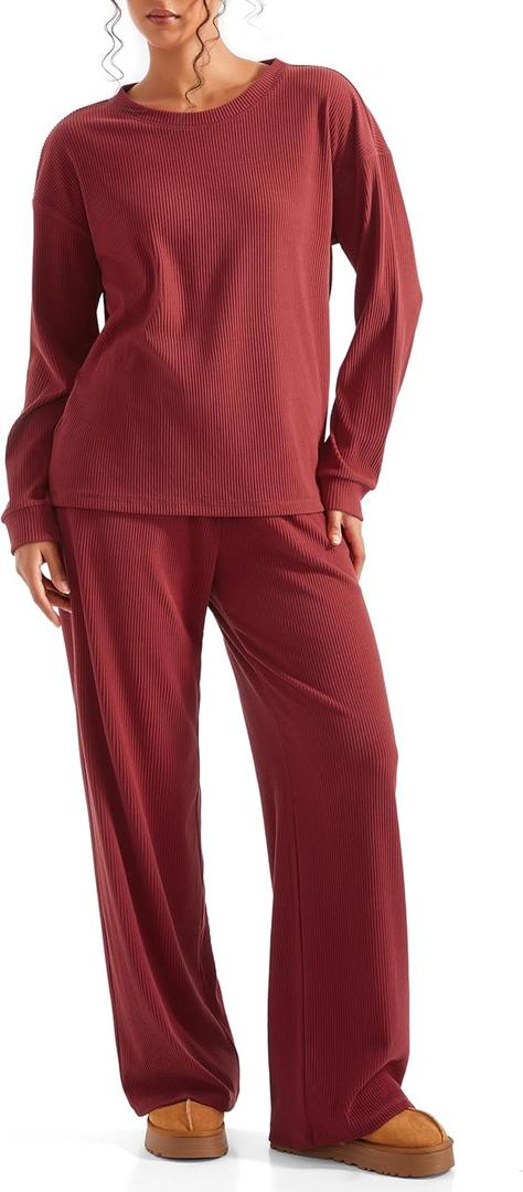 SUUKSESS Women Ribbed Lounge Sets Long Sleeve Pajama Two Piece Sets with Pockets (Red, XL)