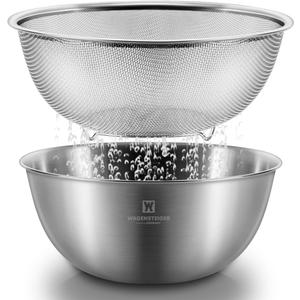 Stainless Steel Mixing Bowl and 3-Legged Colander Set, Multipurpose Kitchen Basket with Fine Mesh Colander, Salad Mixing Bowl with Strainer, Rinsing Vegetables & Fruits (24cm / 9.45")