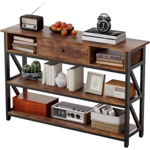 Mexin Console Table with Drawer Shelves, Entryway Table with 3 Tier Storage Shelves, Industrial Wood Hallway Sofa Table for Living Room, Couch, Foyer, Kitchen Counter, 47 Inch Rustic Brown