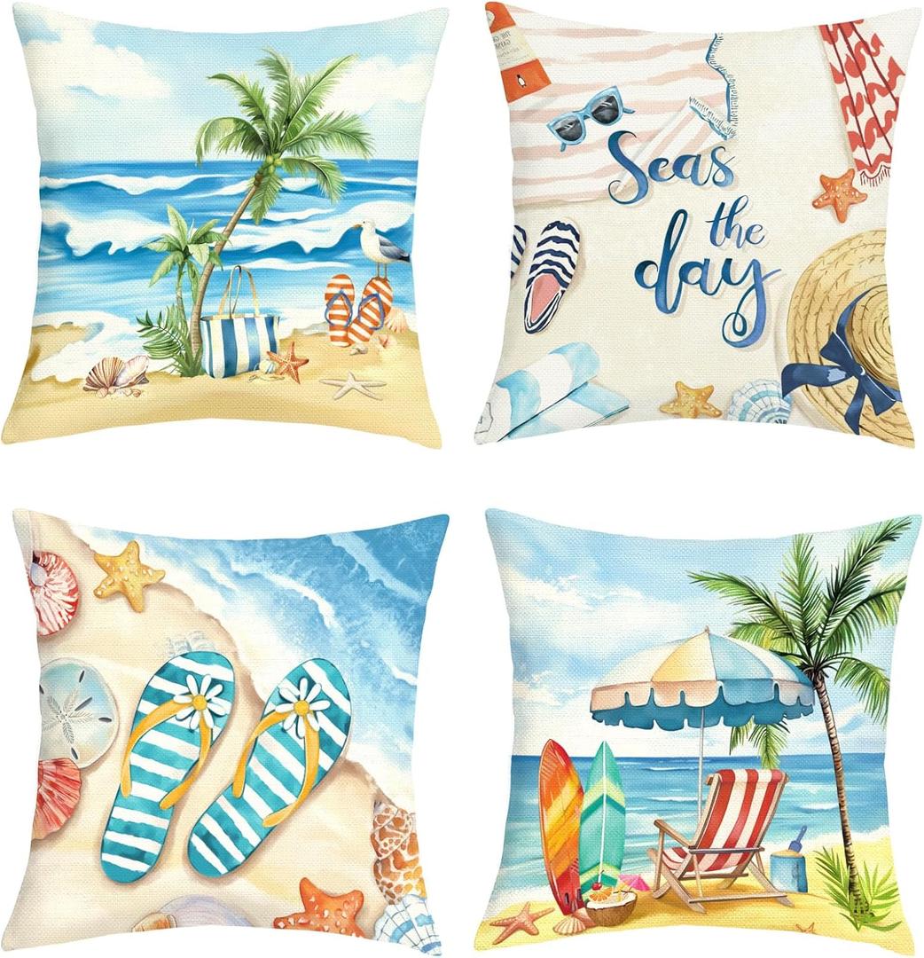 Summer Beach Palm Tree Throw Pillow Covers 16x16 Inch Set of 4 Seaside Scenery Starfish Seashell Cushion Covers Home Decor for Couch Cushion Cases