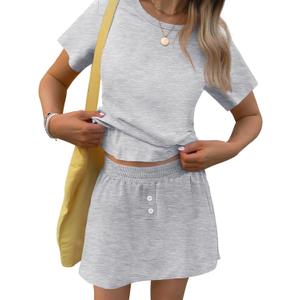 TCOT Pajamas for Women Set Summer Fashion Short Sleeve Crewneck Tops with Skirt Sets Pajama Casual Loungewear (Large, A Light Grey)