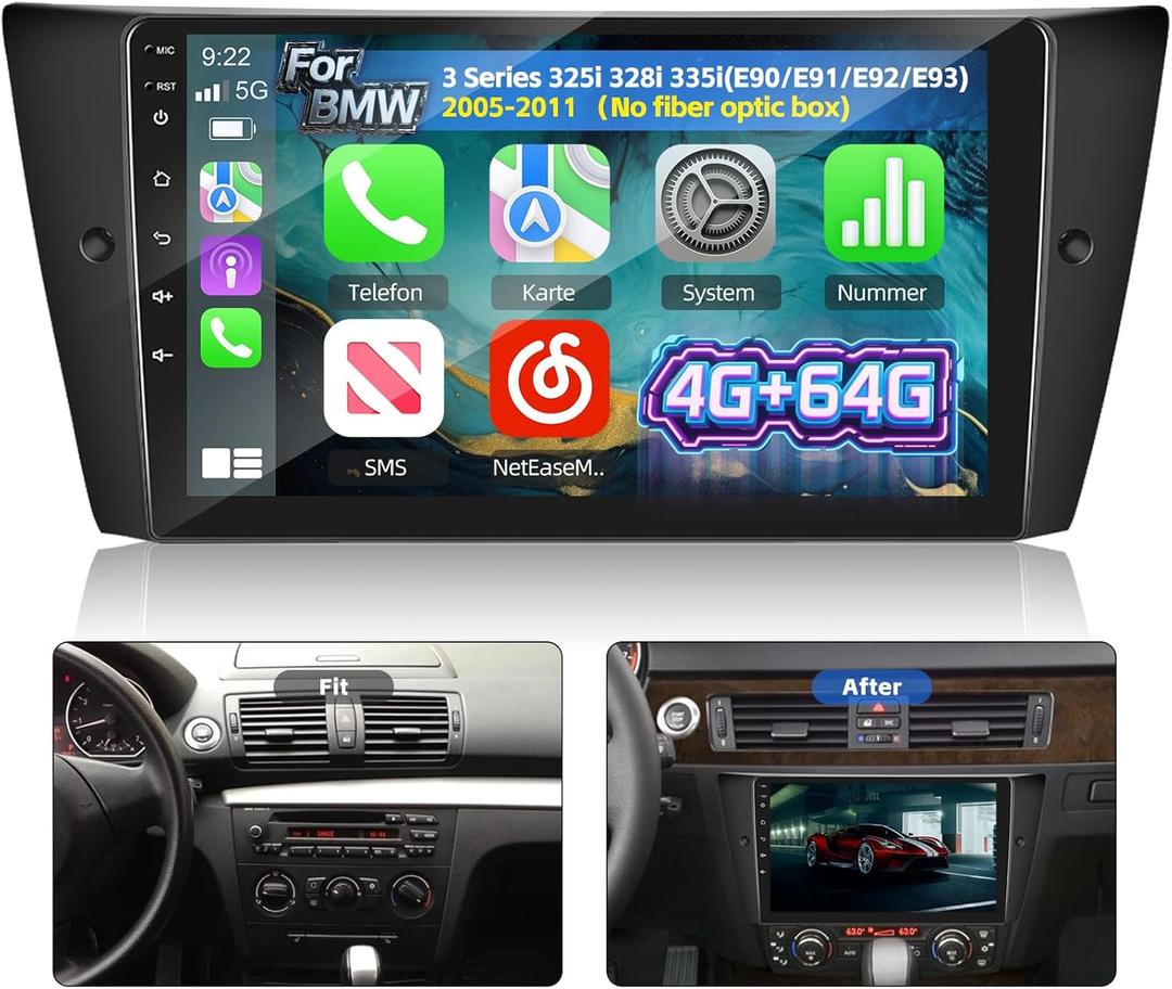 [4G+64G] Volxcereo Car Radio for BMW 3 Series 328i 335i 325i E90 E91 E92 E93 2005-2011, 9 inch Android Touchscreen Stereo with Carplay/Android Auto, GPS, WiFi, Bluetooth, SWC, FM/RDS