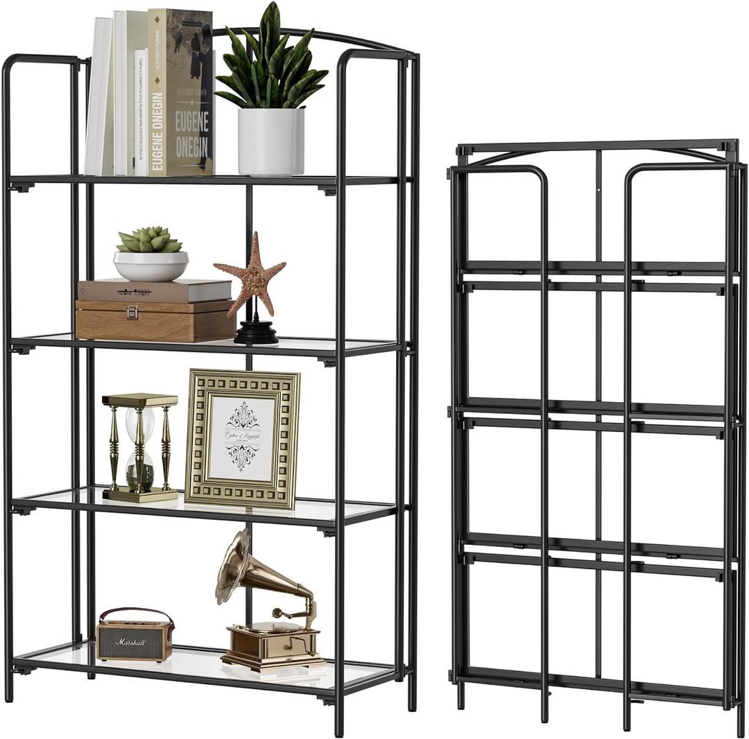 Crofy No Assembly Folding Bookshelf for Living Room, 4 Tier Black Collapsible Book Shelf for Home Office, Portable Bookcase Storage Organizer