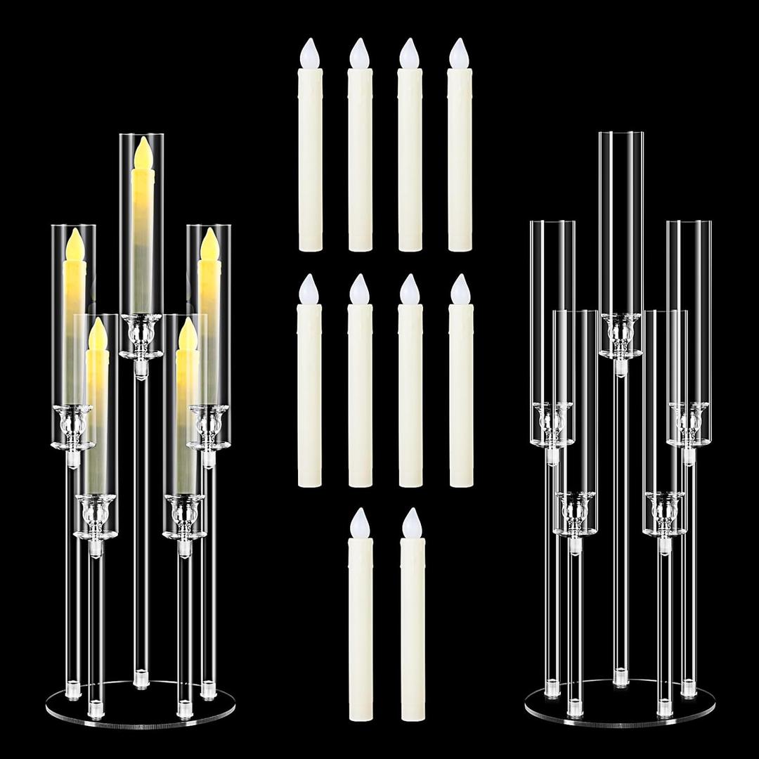 2Pcs 26.8'' Acrylic Candelabra Centerpieces for Wedding Table Decorations,Clear 5 Arms Candlesticks Holder with Acrylic Shade for Candlelight Dinner Party Fireplace Gift with LED Candle