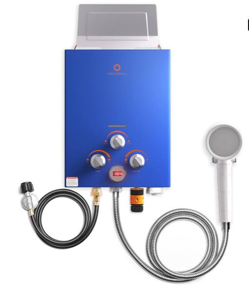 Airthereal 6L 1.58GPM Outdoor Portable Propane Gas Tankless Water Heater, Instant Propane Water Heater, Overheating Protection, Use for Camping, RV and Pet Bath, Evenfall series, Blue