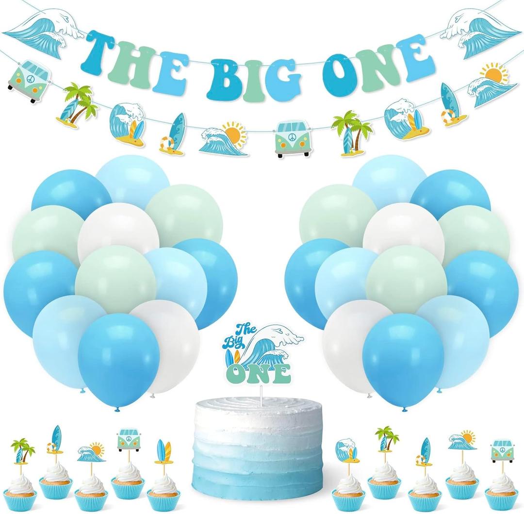 Vansolinne The Big One Surf Birthday Party Decorations for Summer Surfing Beach First Birthday Surfboard Decor Supplies Swimming Pool Hawaii Party Banner Cake Topper Cupcake Toppers Latex Balloons Boy