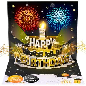 INPHER DIY Age Birthday Cards Fireworks Pop Up Cake Light and Music Black and Gold Happy Birthday Card Gift for Husband, Men, Women, Mom, Grandma