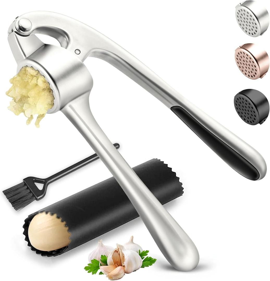 Kitchen Garlic Press, Rust Proof & Dishwasher Safe Garlic Mincer, Durable Garlic Crusher Set with PeelerBrush, Easy to Clean and Squeeze, Matte