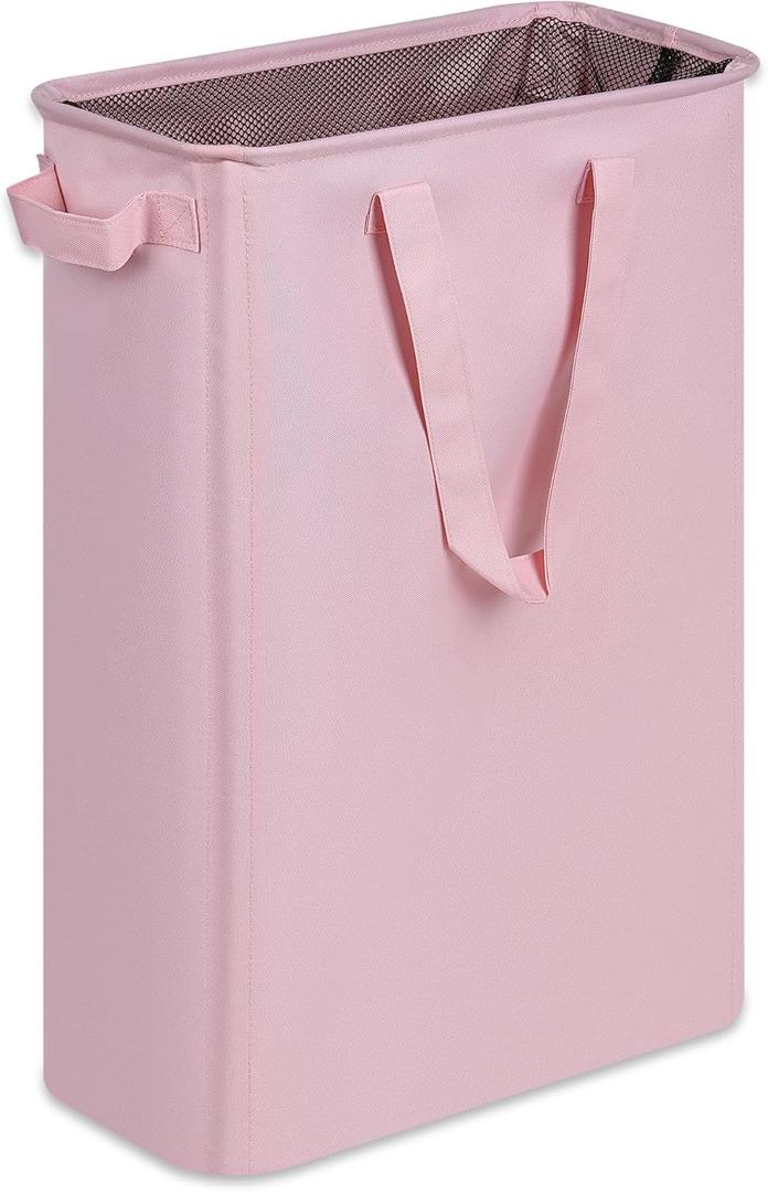 efluky Slim Laundry Basket, Narrow Laundry Hamper with Handles, Collapsible Dirty Clothes Hamper, Tall Laundry Bin for Laundry Room, Dorm and Bedroom, 12.7 Gallons(48L) Pink