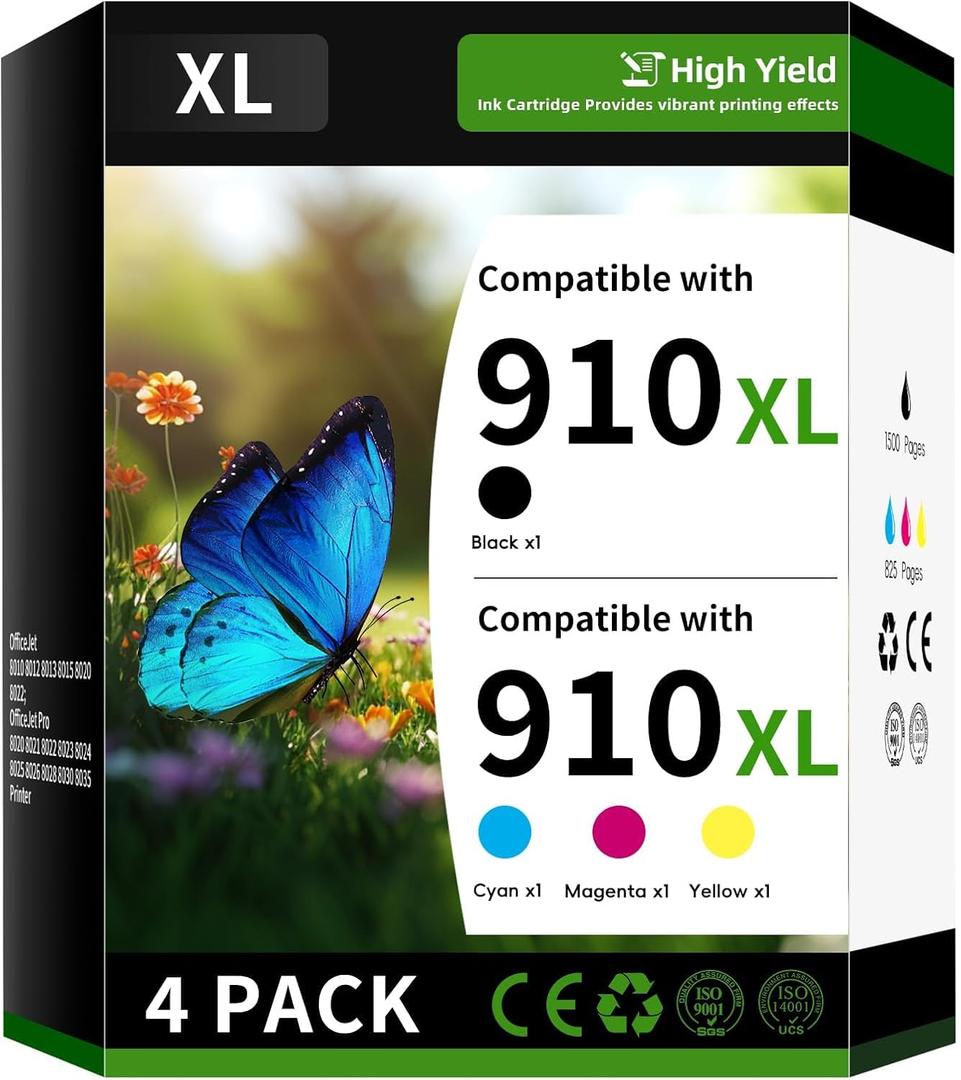 910XL Ink Cartridge Combo Pack Compatible Replacement for HP 910XL Ink Carridges Combo Pack Works with OfficeJet 8010 8012 OfficeJet Pro 8020 8021 (4 Pack, Black Cyan Magenta Yellow)