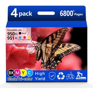 4 Pack 950XL 951XL Ink Cartridges Combo Pack Replacement for HP 950 951 Ink Cartridges for HP OfficeJet Pro 8100 8110 8600 8610 8615 8616 8620 8625 8630 8640 8660 251DW 276DW 271DW, (BK, C, M, Y)
