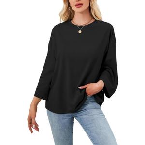 Women's Oversized 3/4 Sleeve Shirts Crew Neck Drop Shoulder Summer Casual Loose Fit Basic Tops Tshirt (Black, M)