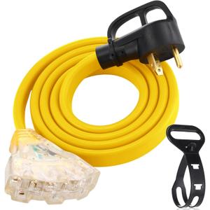 Tellegloww 25 ft RV Generator Flat Extension Cord Compatible with NEMA L5-30P to 3X 5-20R/ 5-15R, 30A 3Prong Lock Generator to 110V 15/ 20A Outlet Distribution Adapter 10 Gauge ETL Listed, Yellow