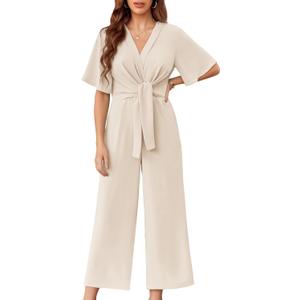 GAMISOTE Womens Wide Leg Jumpsuits Short Sleeve Tie Knot Front Summer Long Romper (Beige, S)