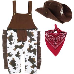A&J DESIGN Baby Boys' Western Cowboy Romper Sets with Scarf and Hat (12-18 Months, Brown)