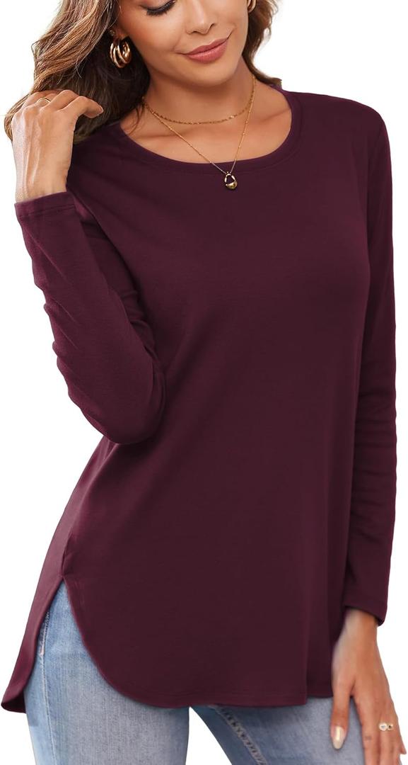 Herou Women's Casual Long Sleeve T Shirt Crewneck with Side Split Fall Pullover Loose Tunic Sweater Tops (Medium, Burgundy Red)
