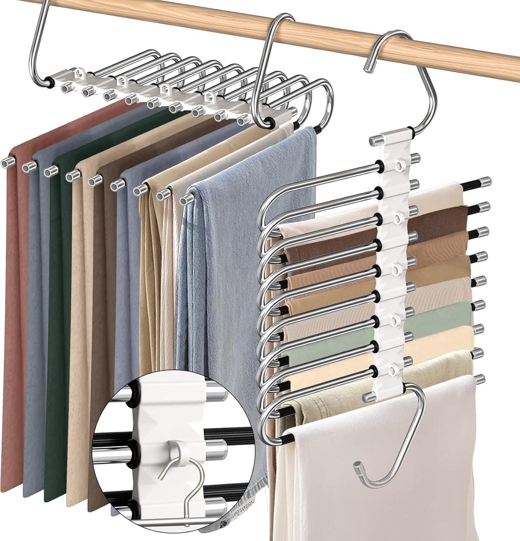 9 Layers Pants Hangers Space Saving, 2 Pack Multifunctional Pant Rack Stainless Steel Closet Organizer for Pants Jeans Leggings Trousers, Antiquewhite