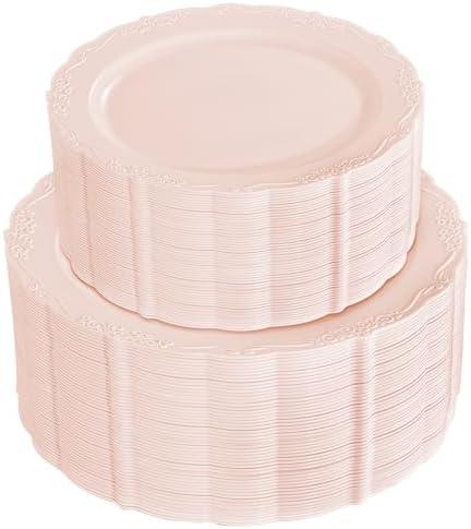 U-QE 100PCS Mauve Pink Plastic Plates - Plastic Party Plates Disposable Heavy Duty - Pink Disposable Plates for Party Including 50PCS 10.25'' Dinner & 50PCS 7.5'' Dessert