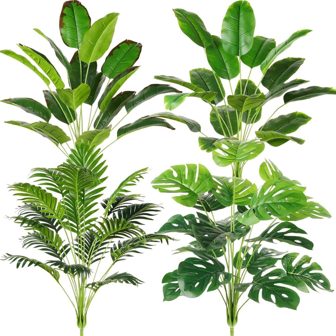 Yunlly 4 Pcs Fake Plants Tall Artificial Faux Plants Indoor for Home Decor 32 Inch Tropical Artificial Palm Tree, Banana Leaves Tree, Monstera, Taro Leaves for Office Outdoor(Classic)