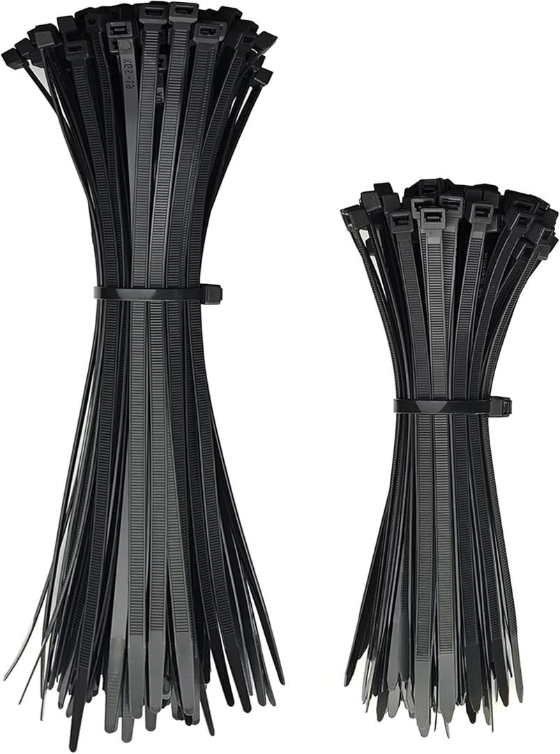 Zip Ties Assorted Size 200 Pack 8+12 Inch,75 LBS Tensile Strength Heavy Duty Cable Ties, Self-Locking Wire Ties Plastic Black Zipties for Indoor Outdoor Use
