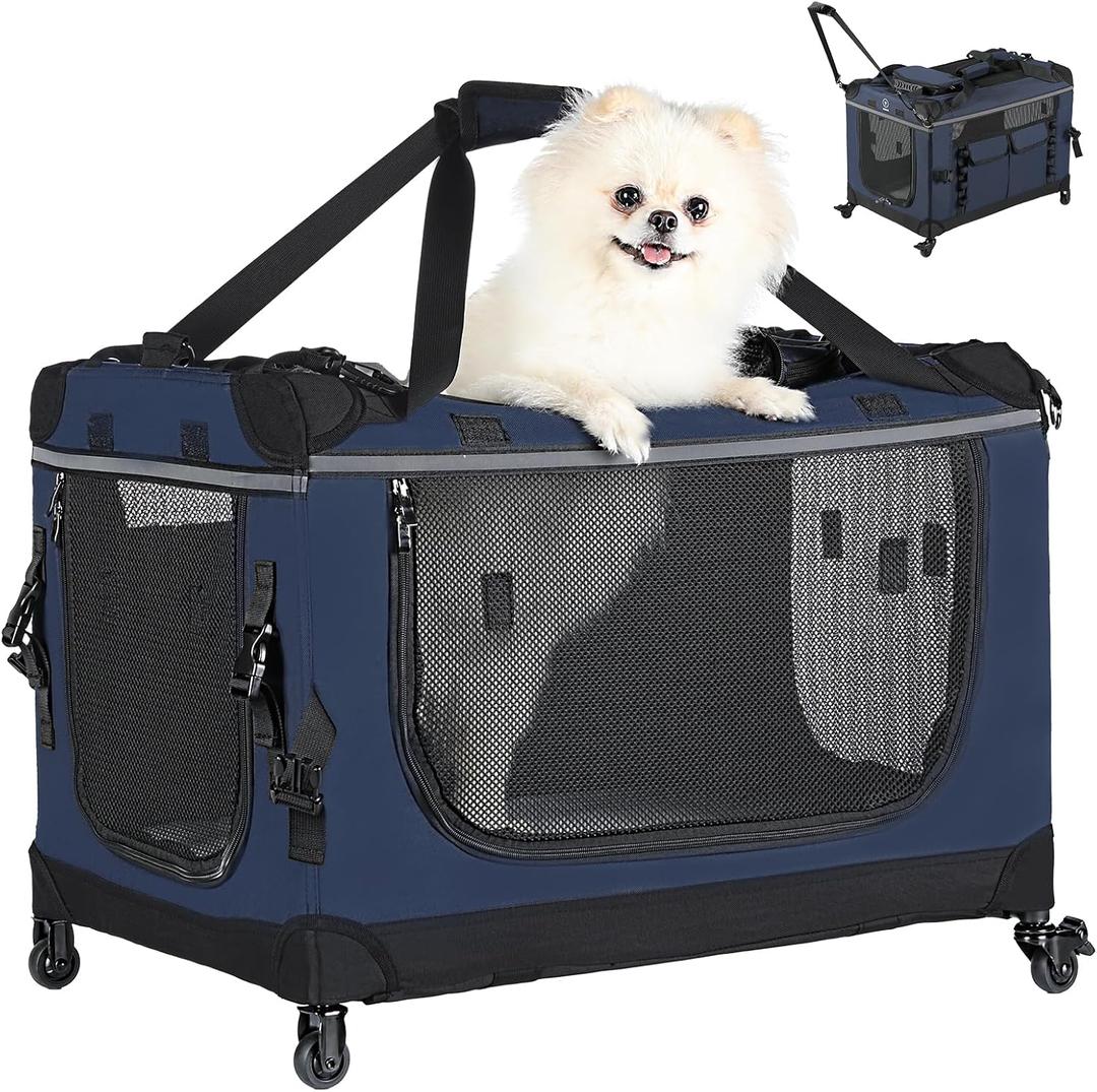 PEGIC 24IN Soft Collapsible Dog Crate w Detachable Wheels, Rolling Travel Dog Crate for Small Breed Dogs, Portable Dog Kennel with Mesh Windows, Indoor & Outdoor Uses