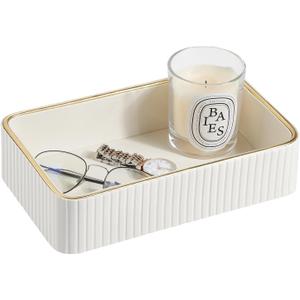 Desk Organizer Tray, PU Leather Valet Tray Nightstand Organizer Cologne Perfume Trays for Men Women, Decorative Vanity Trays Key Bowl Trinket Dish (1, Ivory, Small) (9.5" x 6" x 2.2")