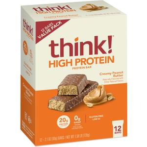 think! Protein Bars, High Protein Snacks, Gluten Free, Kosher Friendly, Creamy Peanut Butter, Nutrition Bars, 2.1 Oz per Bar, 12 Count (Packaging May Vary)