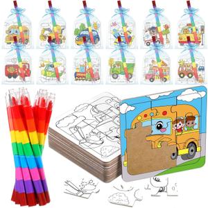 12 Sets Transportation Puzzles Traffic Theme Color Your Own Puzzles DIY Construction Jigsaw Craft with 12 Stackable Crayons and 12 Bags for Construction Gifts Birthday Party Supplies(12, Car)
